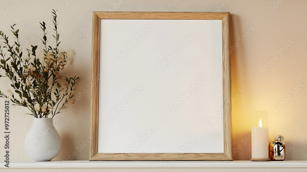 Blank Wooden Frame Leaning Against Beige Wall with Warm Ambient Lighting Blank Wooden Frame Leaning Against Beige Wall with Warm Ambient Lighting