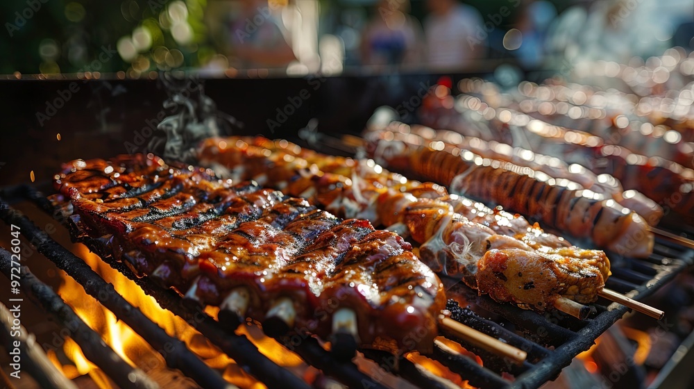 Appetizing ribs and sausages are being grilled on a barbecue, with flames adding a smoky flavor, making it a perfect centerpiece for a barbecue gathering. Appetizing ribs and sausages are being grilled on a barbecue, with flames adding a smoky flavor, making it a perfect centerpiece for a barbecue gathering.