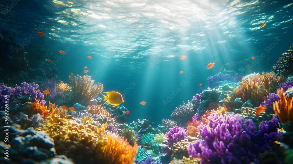 Naklejka premium Underwater Scene with Colorful Coral Reefs, Fish, and Sea Plants