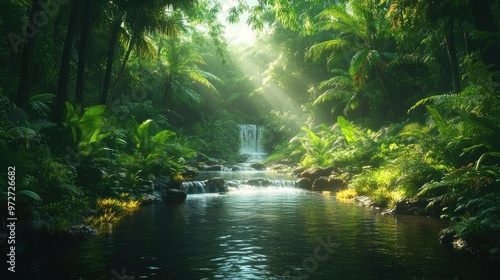 Lush tropical rainforest with a serene waterfall and calm waters.