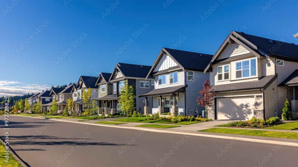 A line of newly constructed homes in a peaceful suburban neighborhood, with A line of newly constructed homes in a peaceful suburban neighborhood, with