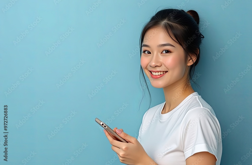 Portrait of a smiling happy asian girl with a smartphone in her hands on a blue pastel background Portrait of a smiling happy asian girl with a smartphone in her hands on a blue pastel background