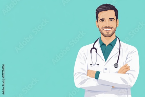 male doctor with a kind smile and a stethoscope around his neck stands confidently with his arms crossed, wearing a white coat against a calming turquoise background, radiating warmth and