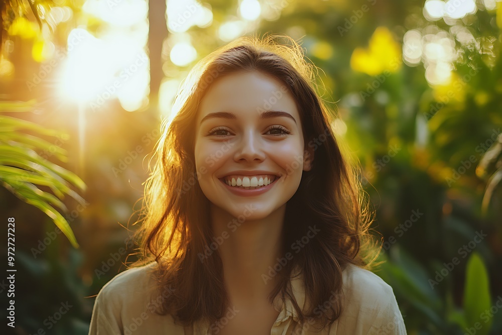 A joyful young woman stands outdoors among lush greenery during golden hour, smiling brightly as sunlight filters through the trees A joyful young woman stands outdoors among lush greenery during golden hour, smiling brightly as sunlight filters through the trees