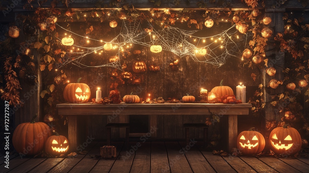 Halloween-themed studio photography background with a wooden table, pumpkins, and spider web decorations, and warm lighting Halloween-themed studio photography background with a wooden table, pumpkins, and spider web decorations, and warm lighting