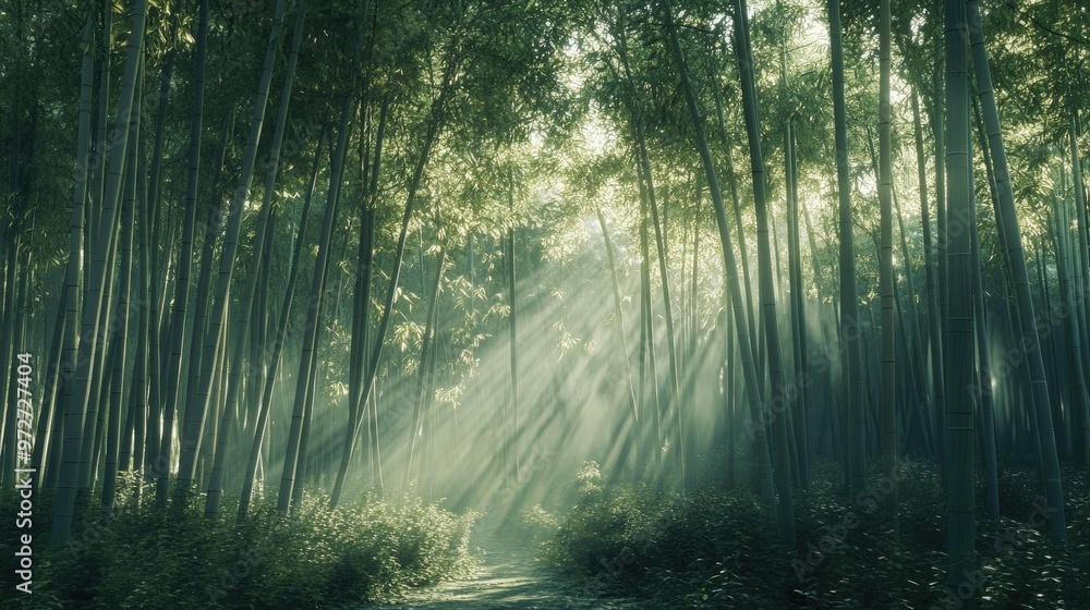 Obraz premium A peaceful bamboo forest with tall, swaying bamboo stalks and sunlight filtering through, completely empty of people.