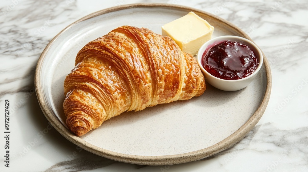 A perfectly shaped croissant on a ceramic plate, served with a side of jam and butter, on a marble countertop. A perfectly shaped croissant on a ceramic plate, served with a side of jam and butter, on a marble countertop.