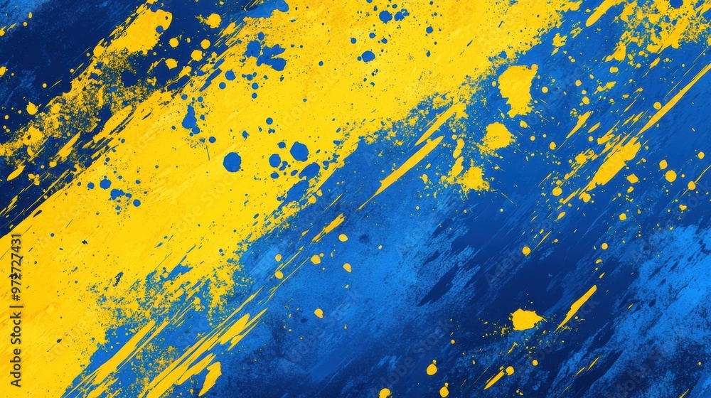 Abstract blue and yellow paint splatter background with dynamic brush strokes creating an energetic visual display Abstract blue and yellow paint splatter background with dynamic brush strokes creating an energetic visual display
