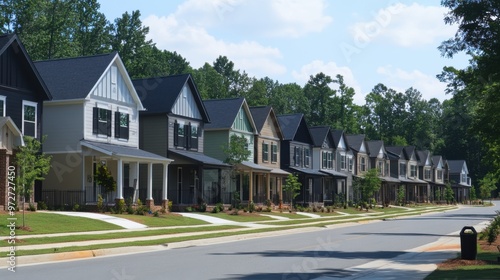 A line of newly constructed homes in a peaceful suburban neighborhood, with