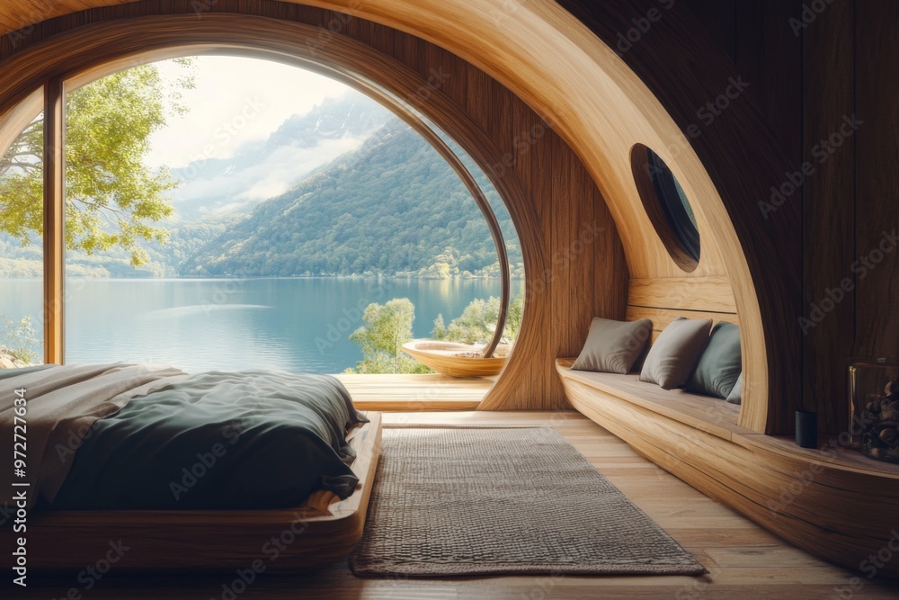nature-inspired eco-lodge bedroom with a wooden interior and organic ...