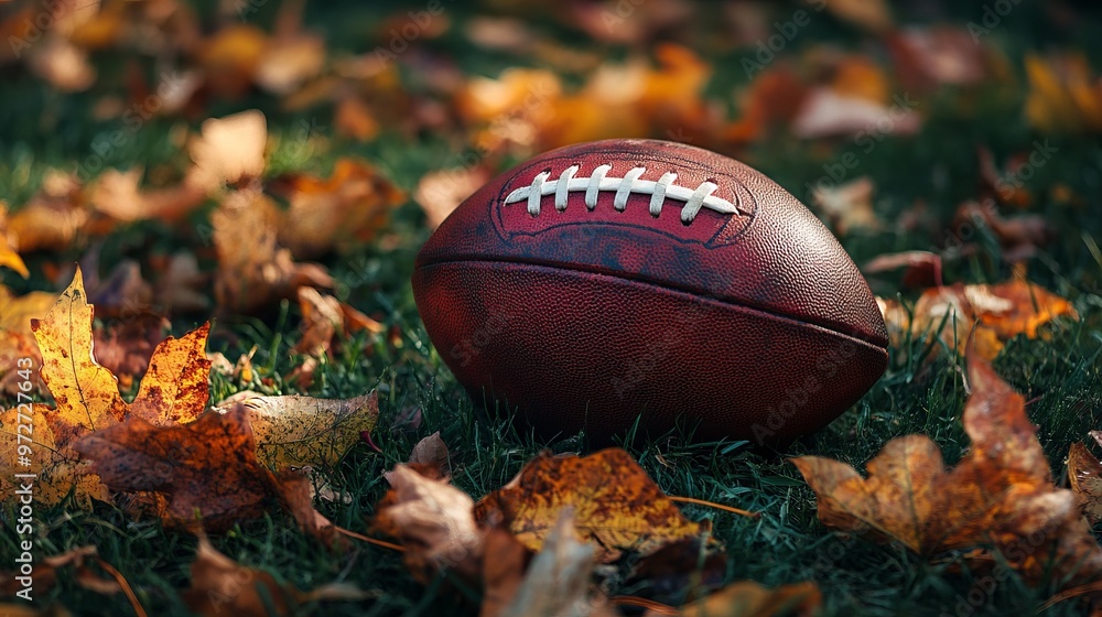 A football resting on a lush, green grassy field scattered with autumn leaves, capturing the serene yet competitive atmosphere of the early fall sports season. A football resting on a lush, green grassy field scattered with autumn leaves, capturing the serene yet competitive atmosphere of the early fall sports season.
