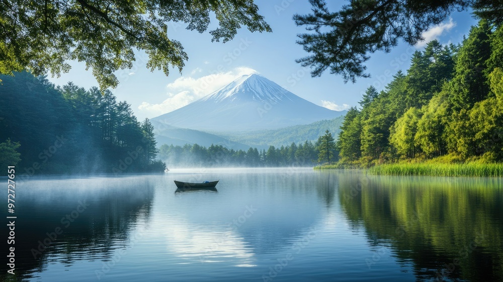 Obraz premium A picturesque view of Mount Fuji from across a calm lake, with no boats or tourists in sight, just pure nature and tranquility.