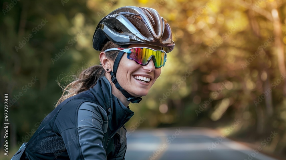 Woman biking along a rugged mountain trail, immersed in the tranquility of the forest. Woman biking along a rugged mountain trail, immersed in the tranquility of the forest.