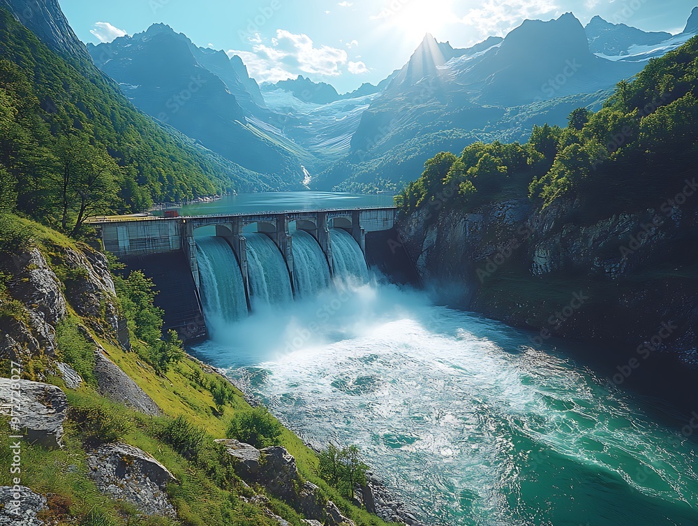 A stunning view of a waterfall cascading from a dam surrounded by majestic mountains and lush greenery in bright daylight A stunning view of a waterfall cascading from a dam surrounded by majestic mountains and lush greenery in bright daylight