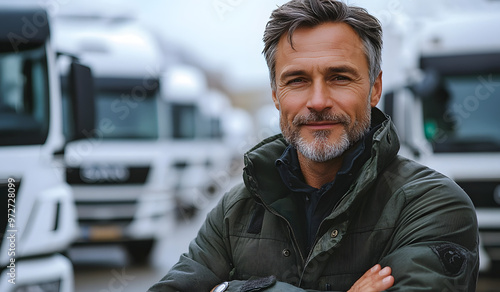 “Portrait of an Attractive Middle-Aged Truck Driver Smiling” 