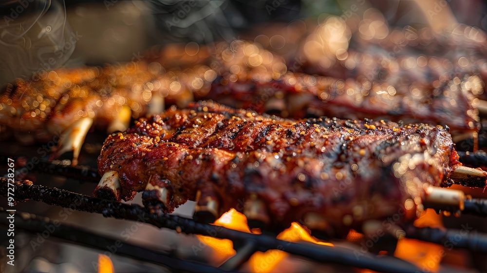 Succulent grilled ribs sizzle on a barbecue grill with flames, creating an inviting and mouth-watering scene. Perfectly charred ribs promise a rich and smoky barbecue flavor. Succulent grilled ribs sizzle on a barbecue grill with flames, creating an inviting and mouth-watering scene. Perfectly charred ribs promise a rich and smoky barbecue flavor.