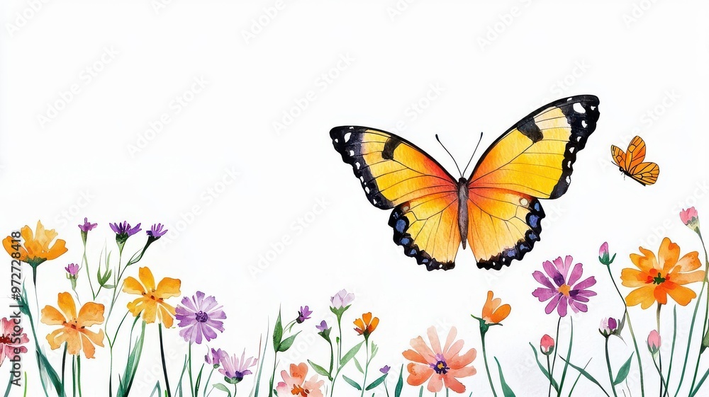 Cheerful butterfly, fluttering above a flower field, soft breeze, watercolor style Cheerful butterfly, fluttering above a flower field, soft breeze, watercolor style