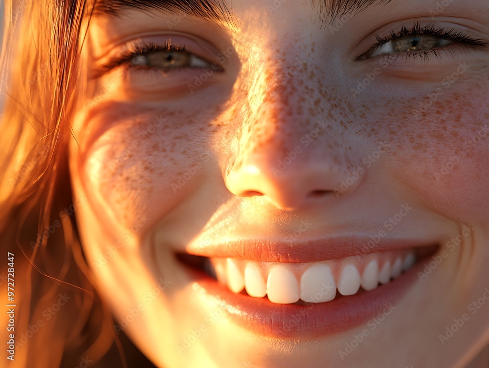 A young woman with freckles smiles brightly during sunset, radiating joy and warmth in a serene outdoor setting A young woman with freckles smiles brightly during sunset, radiating joy and warmth in a serene outdoor setting