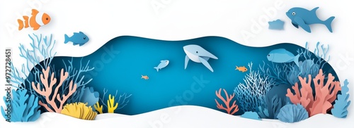 Colorful underwater scene featuring various fish, corals, and sea life in a vibrant, artistic style with paper cutouts representing an ocean habitat beneath a bright backdrop