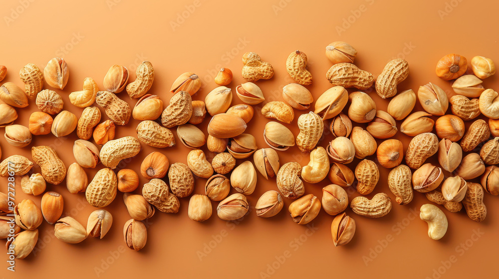 Small nuts on a yellow background. Texture for background, wallpaper, poster, banner, card. View from above. Small nuts on a yellow background. Texture for background, wallpaper, poster, banner, card. View from above.