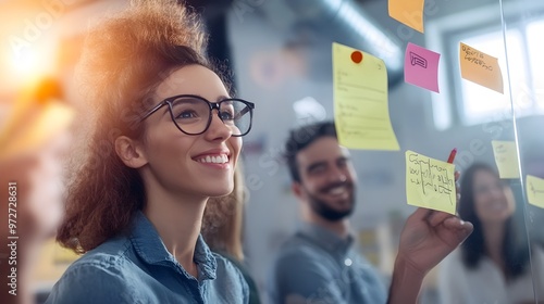 Startup Founders Brainstorming with Sticky Notes and Dynamic Shapes on Glass Walls