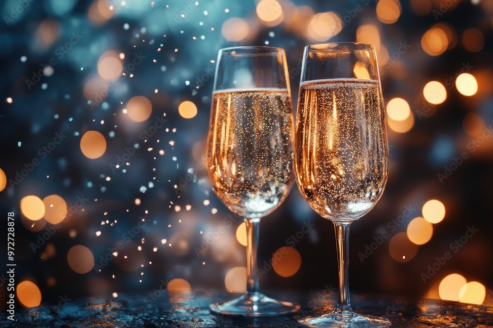 Two champagne glasses sparkling on a festive background Two champagne glasses sparkling on a festive background