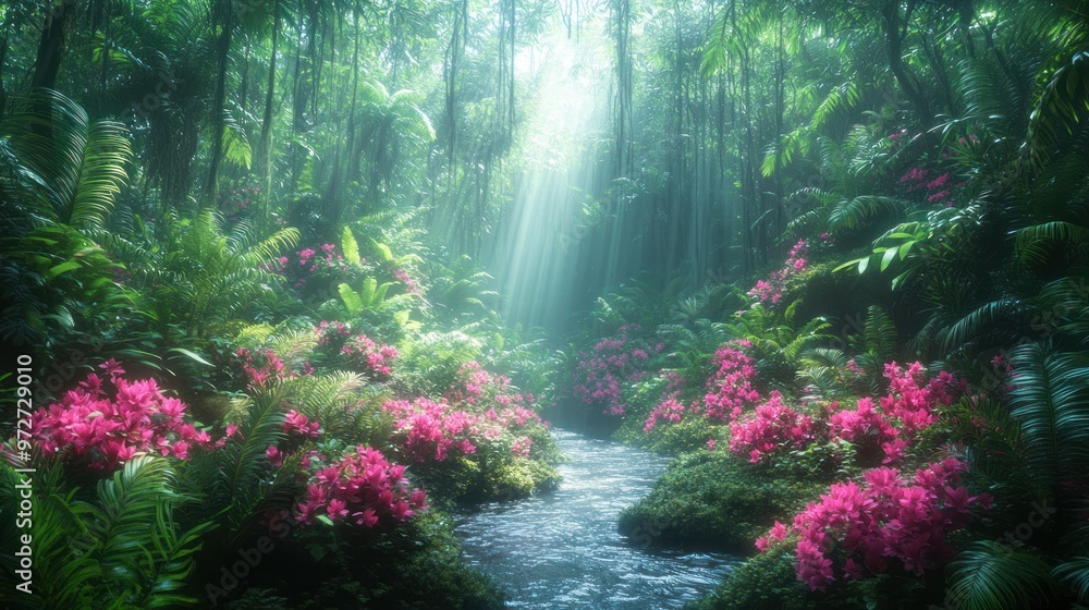 Obraz premium Lush forest scene with vibrant flowers and a serene stream.