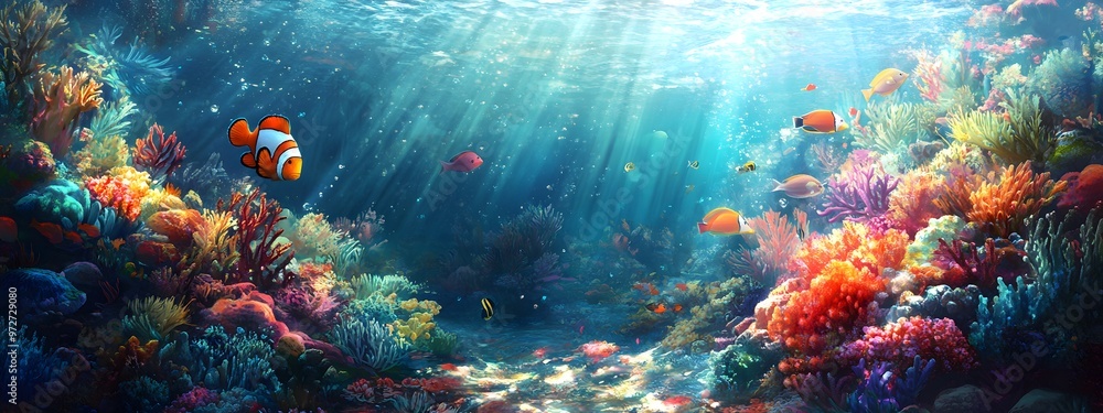 Fototapeta premium Underwater Scene with Colorful Coral Reefs, Fish, and Sea Plants