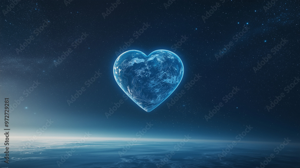 A unique heart-shaped Earth glowing in blue hues, set against an open sky, blending elements of astronomy and environmental awareness. photo A unique heart-shaped Earth glowing in blue hues, set against an open sky, blending elements of astronomy and environmental awareness. photo
