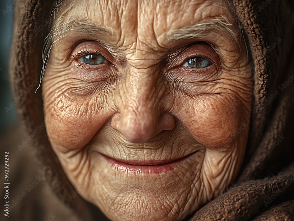 Elderly woman with warm smile wearing a brown headscarf in a cozy indoor setting on a sunny day Elderly woman with warm smile wearing a brown headscarf in a cozy indoor setting on a sunny day