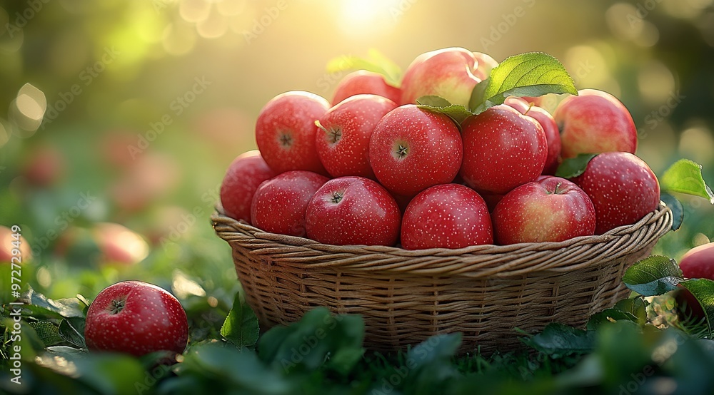 Basket of Red Apples on Grass with Sunlit Trees in a Lush Natural Setting. AI generated illustration Basket of Red Apples on Grass with Sunlit Trees in a Lush Natural Setting. AI generated illustration