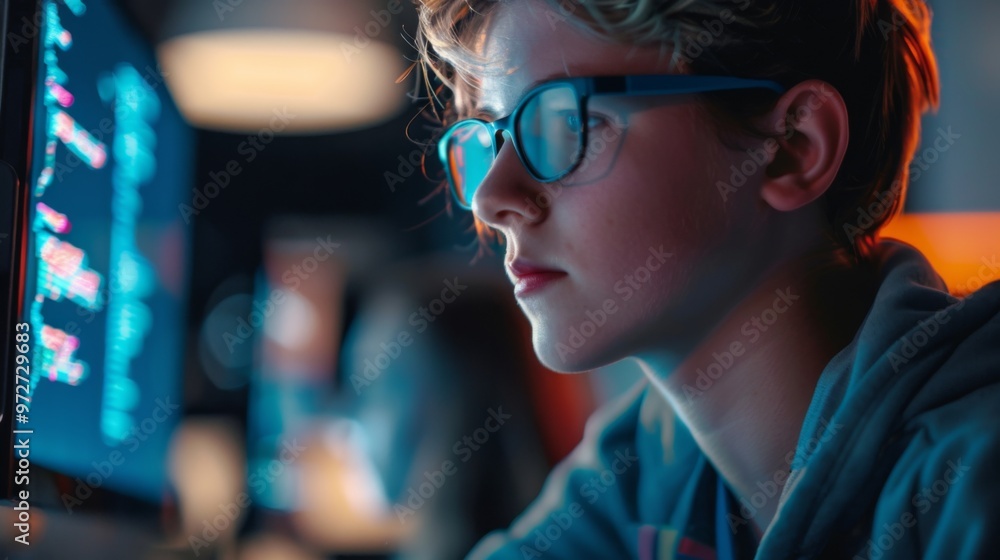 A focused young individual with curly hair and glasses works intently in a dimly lit room filled with colorful computer screens displaying code at night A focused young individual with curly hair and glasses works intently in a dimly lit room filled with colorful computer screens displaying code at night