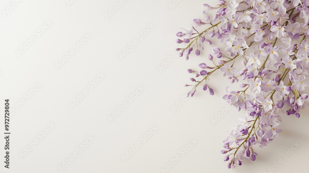A horizontally curling vine adorned with delicate purple flowers, gracefully hanging against a crisp white background. photo A horizontally curling vine adorned with delicate purple flowers, gracefully hanging against a crisp white background. photo
