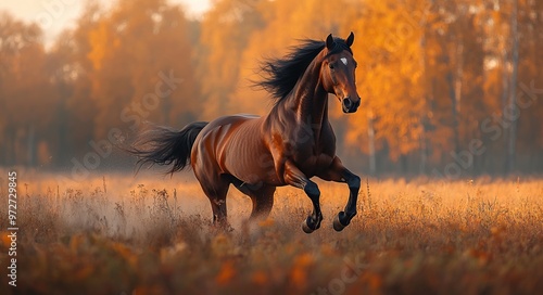 Brown Horse Galloping in Autumn Grassland  Cinematic Nature Scene. AI generated illustration