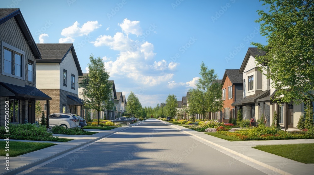 A newly developed residential community with rows of modern houses and clean, tree-lined A newly developed residential community with rows of modern houses and clean, tree-lined