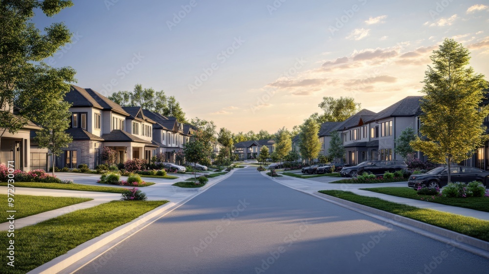 A newly developed residential community with rows of modern houses and clean, tree-lined A newly developed residential community with rows of modern houses and clean, tree-lined