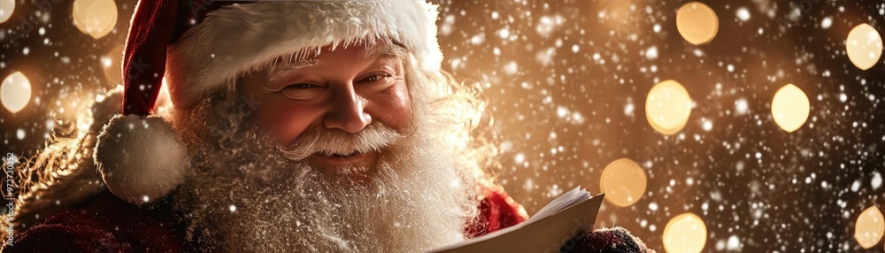 A cheerful Santa Claus smiles while reading a list surrounded by festive lights, embodying the spirit of holiday joy and giving. A cheerful Santa Claus smiles while reading a list surrounded by festive lights, embodying the spirit of holiday joy and giving.