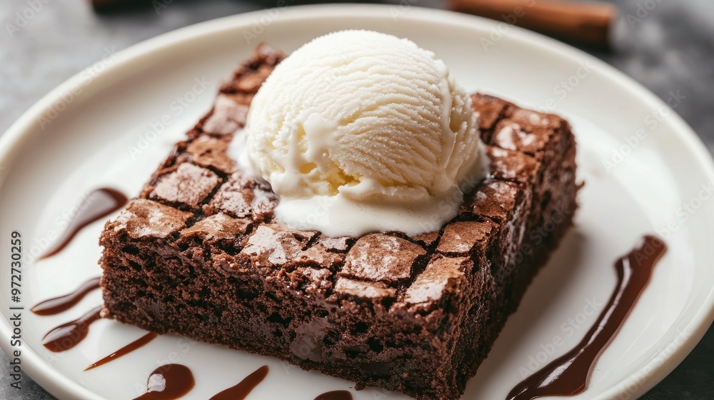 Brownies served with vanilla ice cream melting on top, on a white plate, with the rich chocolate texture in sharp focus. Brownies served with vanilla ice cream melting on top, on a white plate, with the rich chocolate texture in sharp focus.