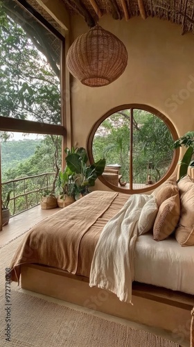 This unique bedroom features rounded walls and soft lighting, offering breathtaking views of terraced fields and the sea at sunrise. A minimalist design enhances the peaceful atmosphere photo