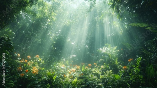 Lush tropical forest with sunlight filtering through foliage.