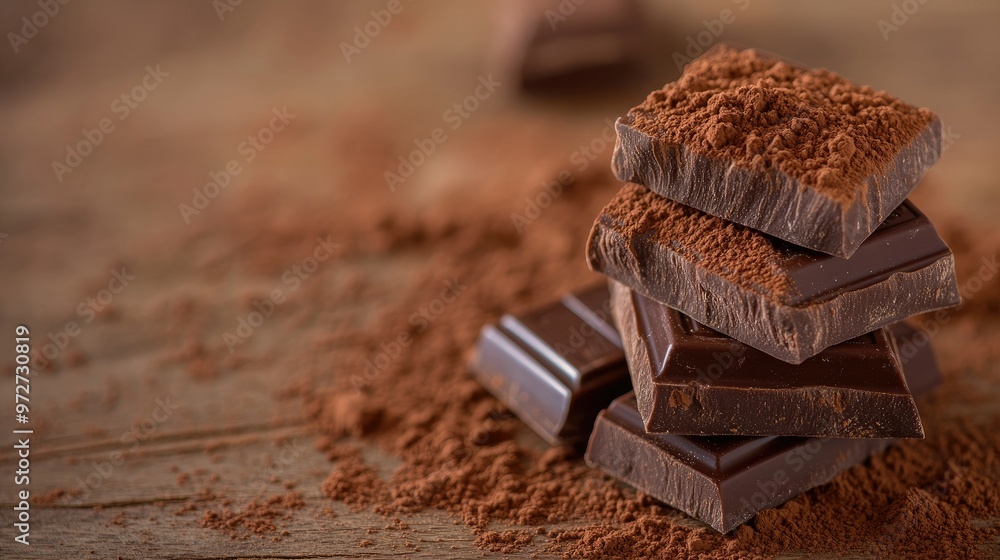 Close-up of rich, dark chocolate squares stacked neatly on a rustic wooden surface, with a dusting of cocoa powder in the background. Close-up of rich, dark chocolate squares stacked neatly on a rustic wooden surface, with a dusting of cocoa powder in the background.