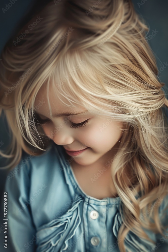 blonde haired blue girl child looking down, smiling blonde haired blue girl child looking down, smiling