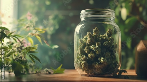 Glass jar filled with dried marijuana buds, neatly placed on a wooden table with a natural, relaxed atmosphere in the background.