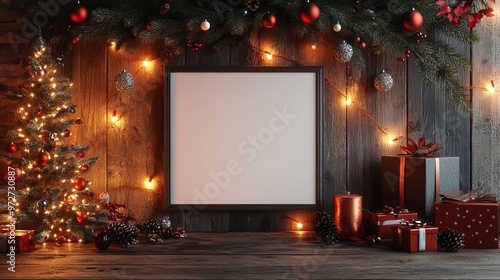 Christmas mockup of a blank poster on a rustic wooden wall, with holiday decorations, pine branches, and a warm festive glow. 4K hyperrealistic photo.