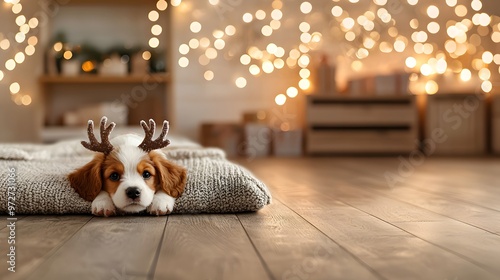 Adorable puppy in reindeer antlers surrounded by twinkling Christmas lights, radiating joy. Pet at Christmas Concept photo