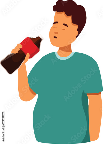 Overweight man is drinking soda from a bottle in this illustration about unhealthy nutrition