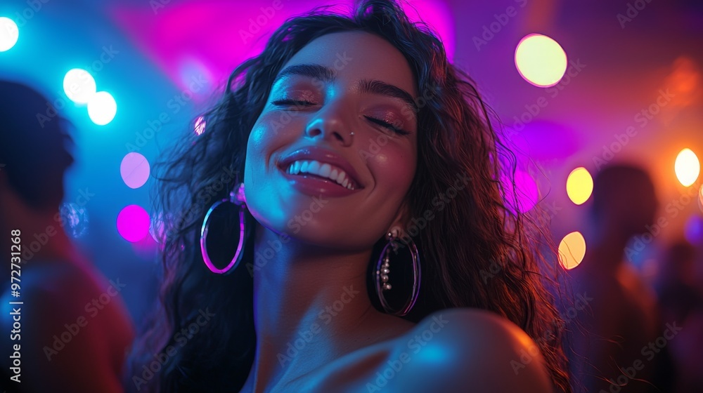 A young woman with flowing hair smiles confidently, illuminated by vibrant purple and pink lights at a lively evening gathering A young woman with flowing hair smiles confidently, illuminated by vibrant purple and pink lights at a lively evening gathering