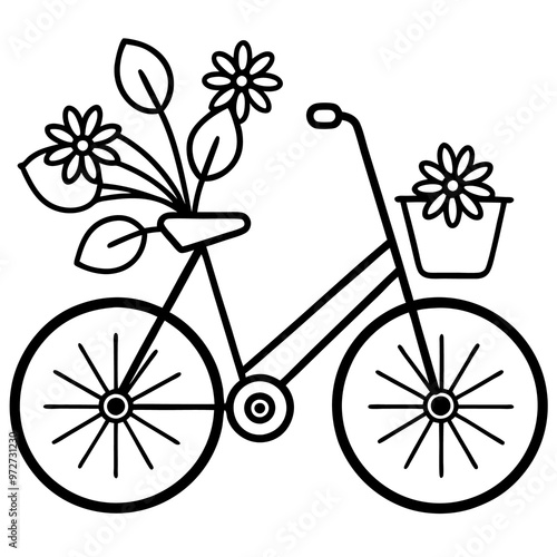 bicycle with flowers outline coloring book page line art drawing photo