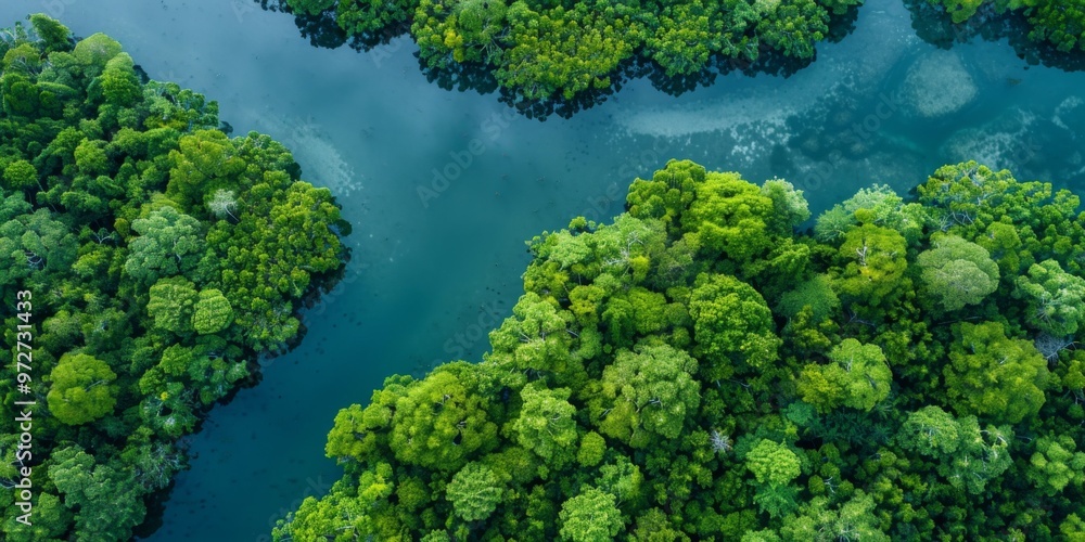 Lush green rainforest canopy and winding river captured from above during the golden hour, showcasing nature’s tranquility and vibrant biodiversity Lush green rainforest canopy and winding river captured from above during the golden hour, showcasing nature’s tranquility and vibrant biodiversity