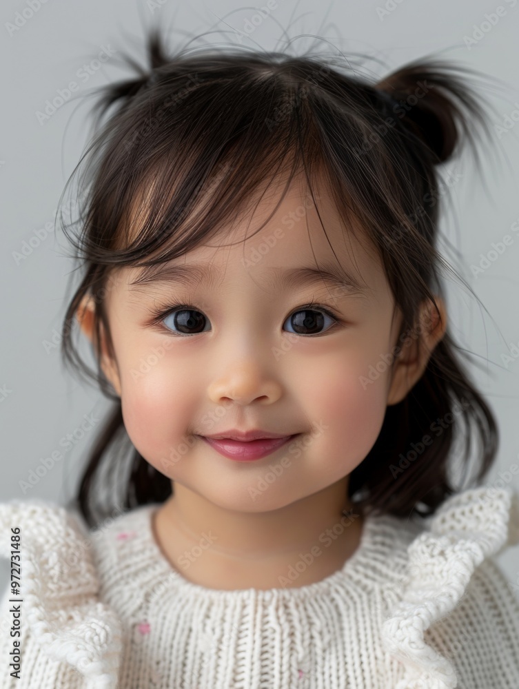 Chinese baby girl,3-year-old, White background, Studio lighting, black hair, smile, close-up Chinese baby girl,3-year-old, White background, Studio lighting, black hair, smile, close-up